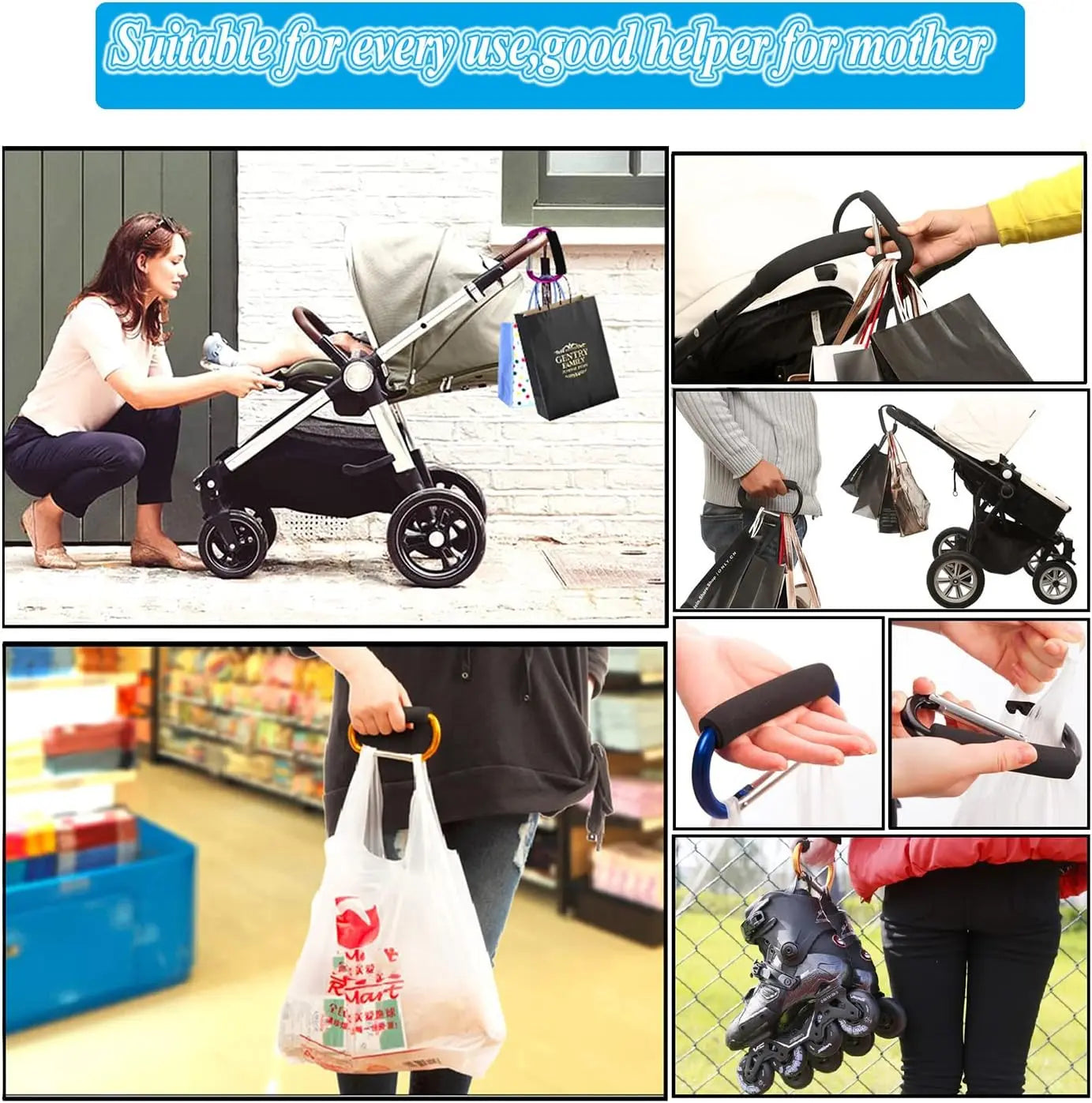 Stroller Hooks by Baby,Large Stroller Hooks for Mommy, 2 pcs Carabiner Stroller Hook Organizer for Hanging Purses, Diaper Bag, Shopping Bags (Sky Blue) Wholesale Hub