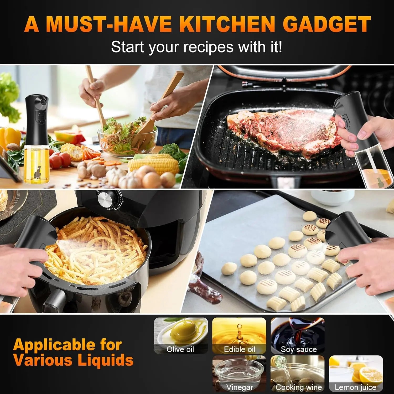 Electric Oil Sprayer for Cooking, Glass Oil Sprayer Mister, Olive Oil Spray Bottle, The Real Oil Mister for Salads, Baking, Grilling, and Ideal for Air Fryers, Black Wholesale Hub
