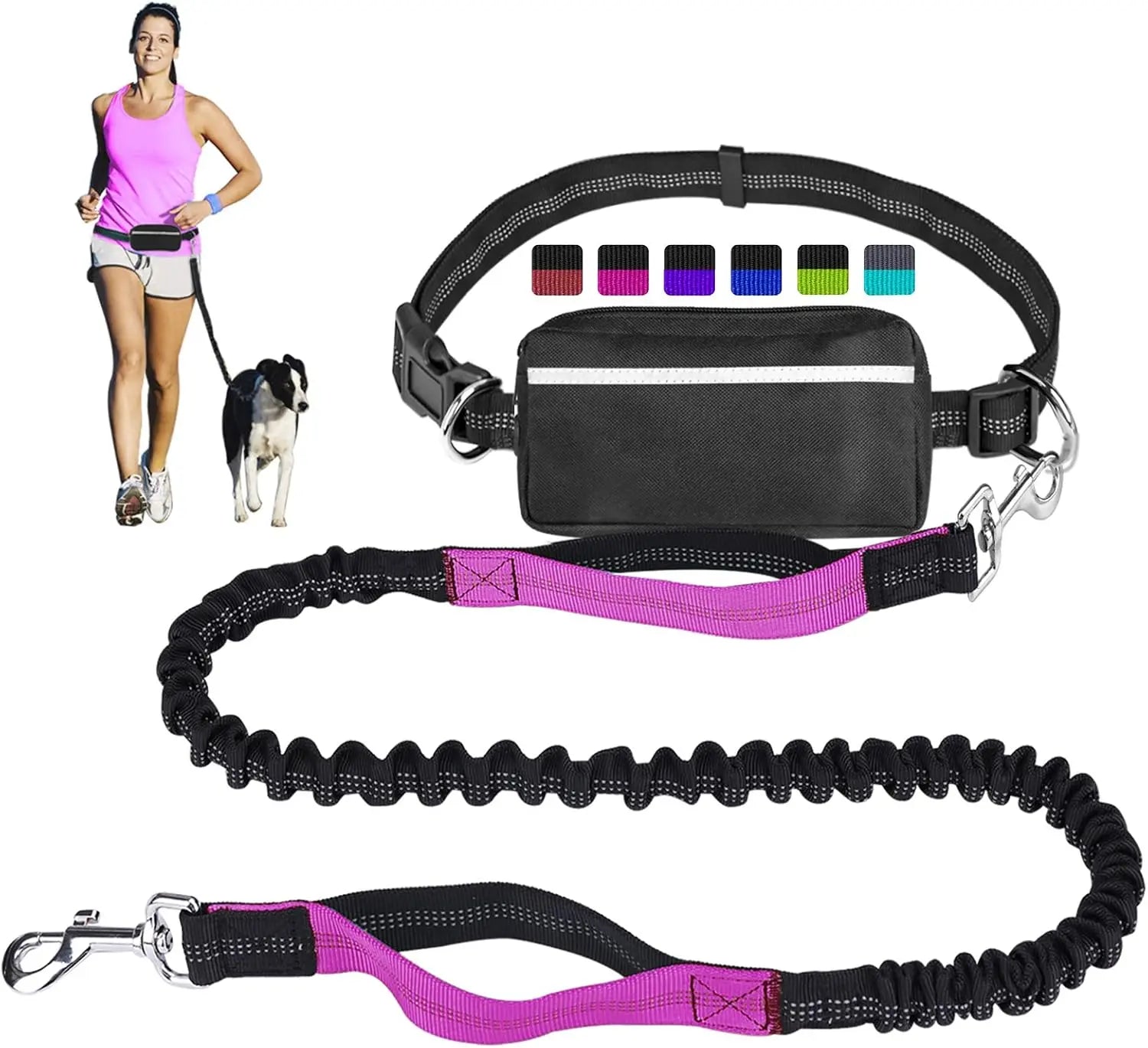 Hands Free Dog Leash for Running Walking Training Hiking, Dual-Handle Reflective Bungee, Poop Bag Dispenser Pouch, Adjustable Waist Belt, Shock Absorbing, Ideal for Medium to Large Dogs (Black W Pink) Wholesale Hub