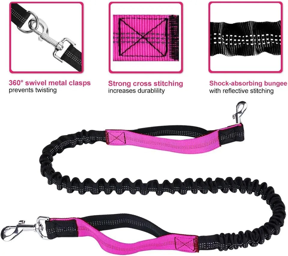 Hands Free Dog Leash for Running Walking Training Hiking, Dual-Handle Reflective Bungee, Poop Bag Dispenser Pouch, Adjustable Waist Belt, Shock Absorbing, Ideal for Medium to Large Dogs (Black W Pink) Wholesale Hub