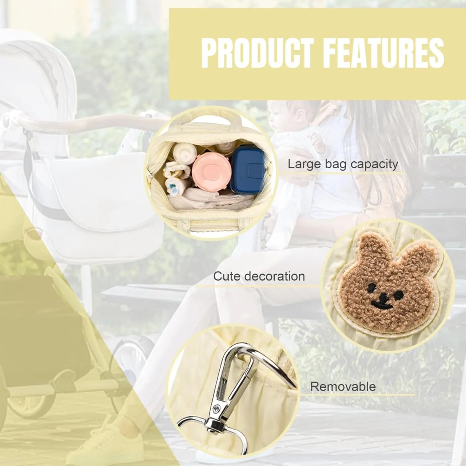 Diaper Tote Bag, 9.5inch Tote Diaper Bag with Plush Doll Pendant, Adjustable Strap & Handle, Large Mommy Bag, Portable Baby Nappy Bag, Travel Baby Bag for Mom (Yellow) Wholesale Hub
