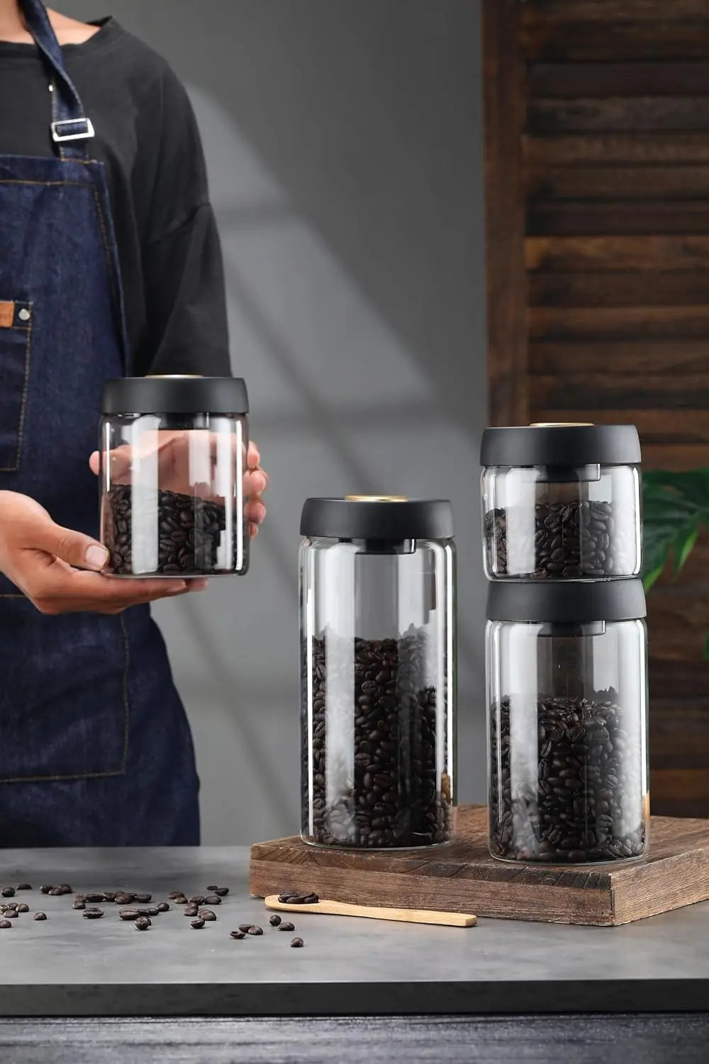 Airtight Borosilicate Glass Coffee Bean Storage Container with Vacuum Sealed Lid, 2pcs Food Storage Jars for Dry Goods, Coffee Bar Necessity Wholesale Hub