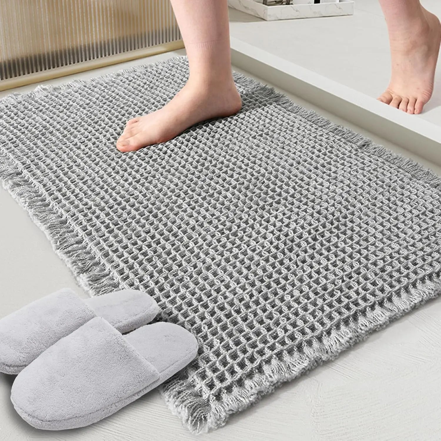 Grey Waffle Bath Mat,Super Absorbent Non Slip Bathroom Rug,Gray 18x30inch,Machine Washable Ultra Soft Floor Mats Wholesale Hub