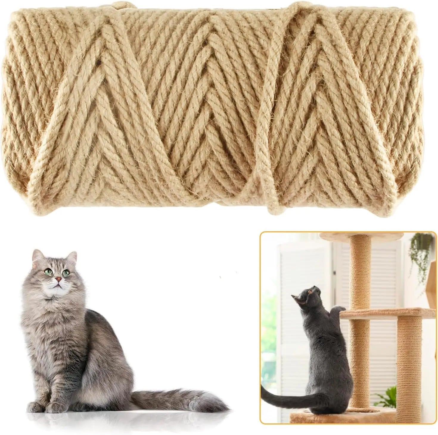 50M Sisal Rope for Cat Scratchers, Cat Scratching Sisal Rope 6mm Natural Jute Hemp Rope, Ideal for Replace Scratching Post, Repair Cat Tree, DIY Projects Wholesale Hub