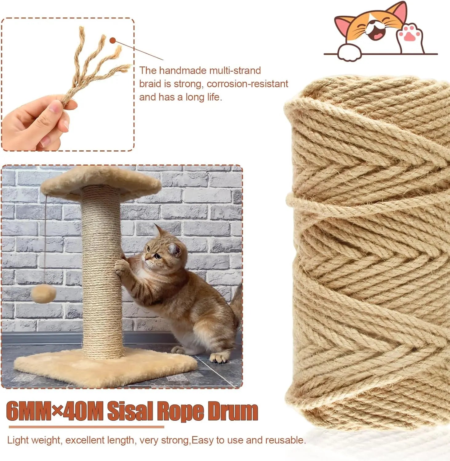 50M Sisal Rope for Cat Scratchers, Cat Scratching Sisal Rope 6mm Natural Jute Hemp Rope, Ideal for Replace Scratching Post, Repair Cat Tree, DIY Projects Wholesale Hub