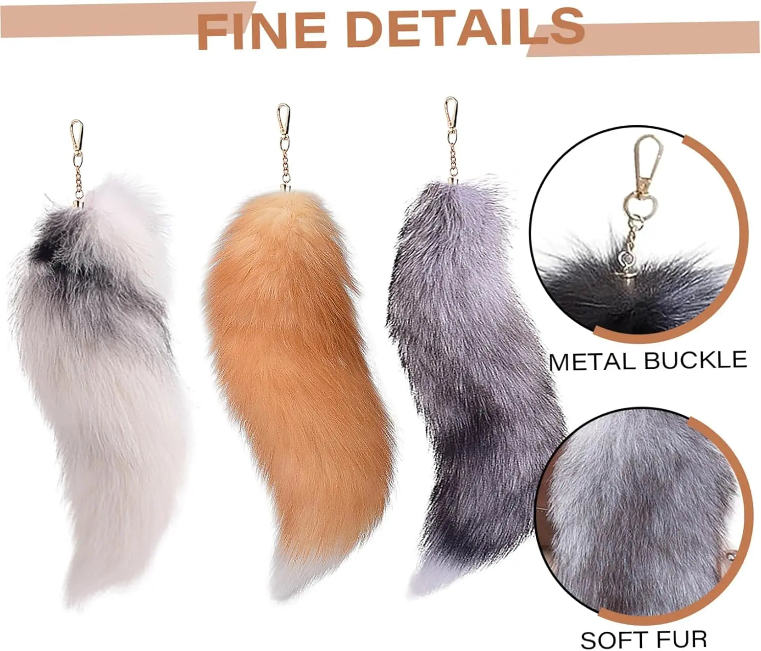 3 Pcs Therian Tail, 15.8 Inch Long Therian Fox Tail with Clasp, Halloween Soft Fluffy Fox Tail Keychain, Hanging Fox Tails for Women Adult Handbag Backpack Wholesale Hub