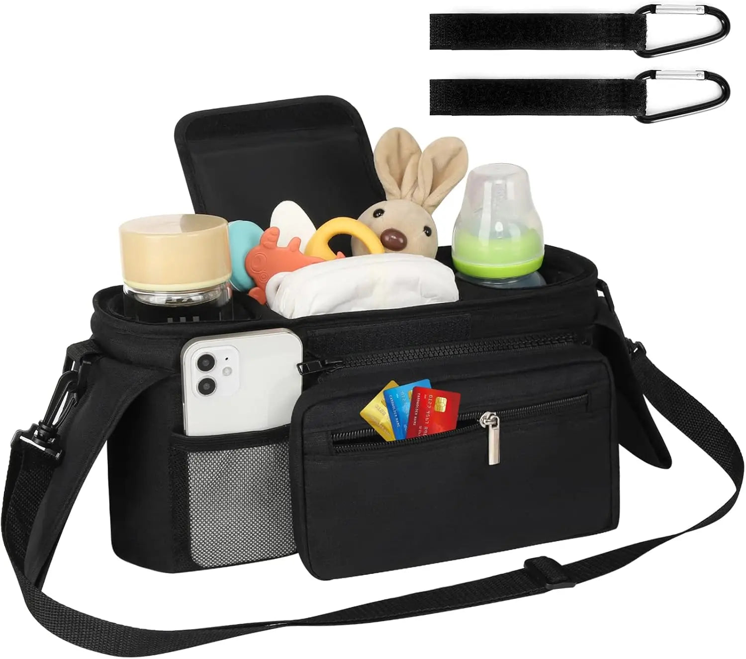 Universal Stroller Organizer with Insulated Cup Holder Detachable Phone Bag and Shoulder Strap,Stroller Bag Caddy Organizer Accessories Fits for Uppababy, Baby Jogger, Britax Strollers Wholesale Hub