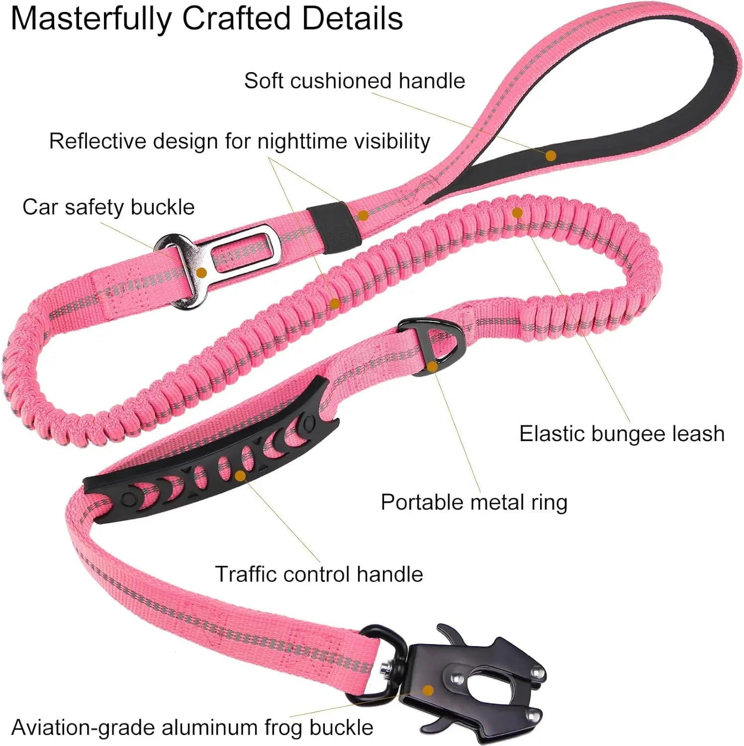 Tactical Bungee Dog Leash - Pink Heavy Duty Leash for Large Dogs with Reflective Stitching, 2 Handles, Seatbelt Clip, 4-6FT Wholesale Hub