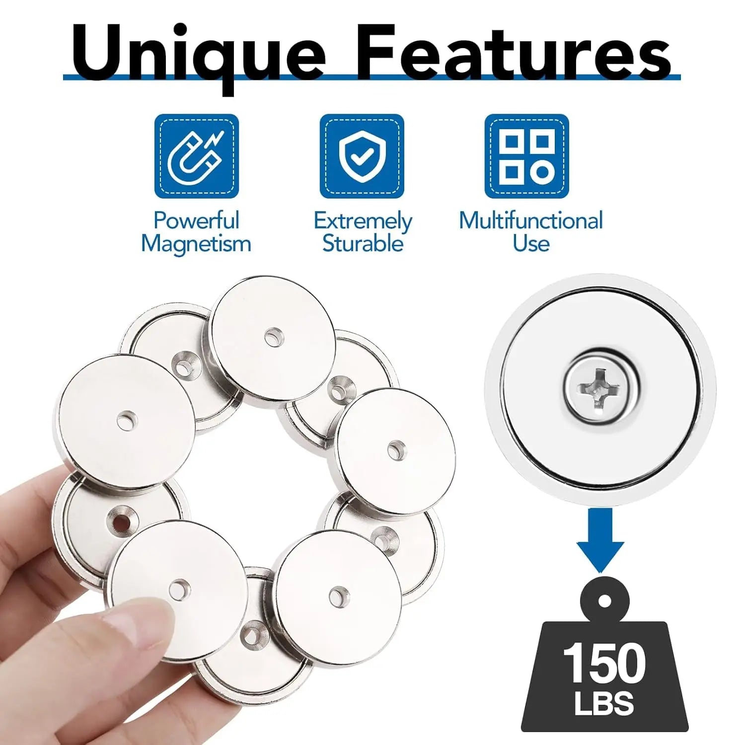 Strong Magnets, 150lb+ Waterproof Neodymium Cup Magnets with Screws for Wall Mounting,Rare Earth Magnet Holes Holding Tools Lifting, Hanging(Silver, 6 Pack) - 150lb Wholesale Hub
