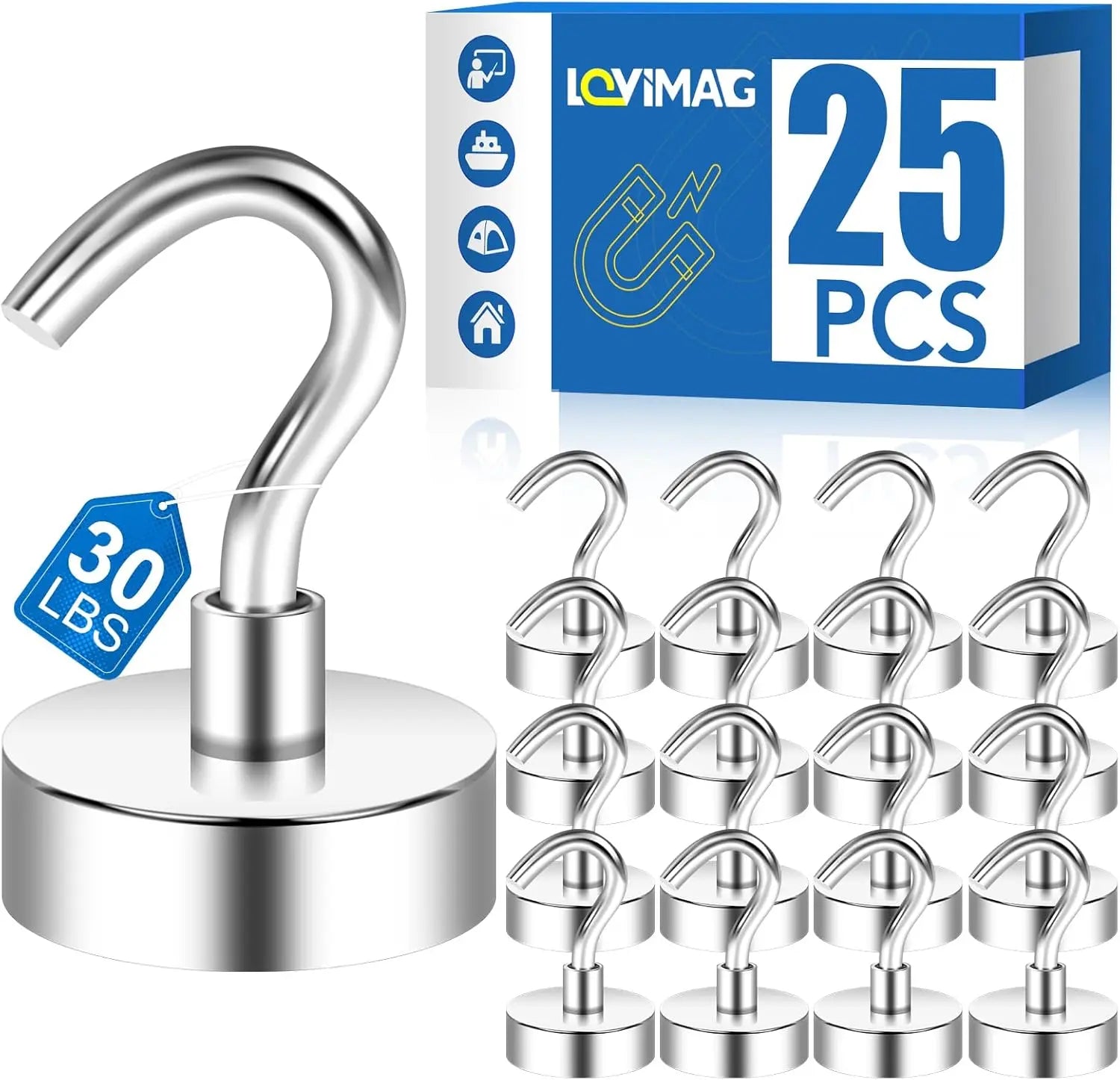 Strong Magnetic Hooks, 30lbs Hooks for Cruise Cabins, Magnet Ship Essentials, Rare Earth Magnets with Refrigerator,Hanging,Classroom,Kitchen,Ceiling-25 Pack Silver 0.63in x 1.38in Wholesale Hub