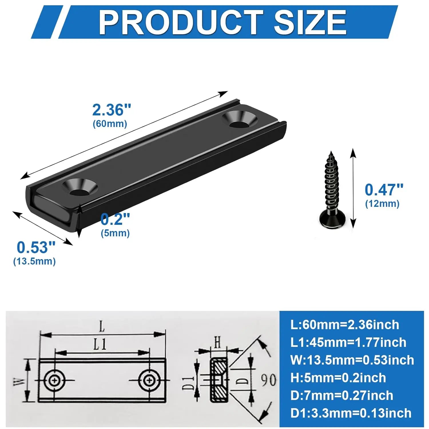 80lbs Neodymium Bar Magnets with Screws Holes, Strong Cabinet for Closure, Rare Earth Magnetic Rectangle Doors, Mounting, Locker Accessories - 60x13.5x5mm Pack of 6 Black 60x13.5x5 mm Wholesale Hub