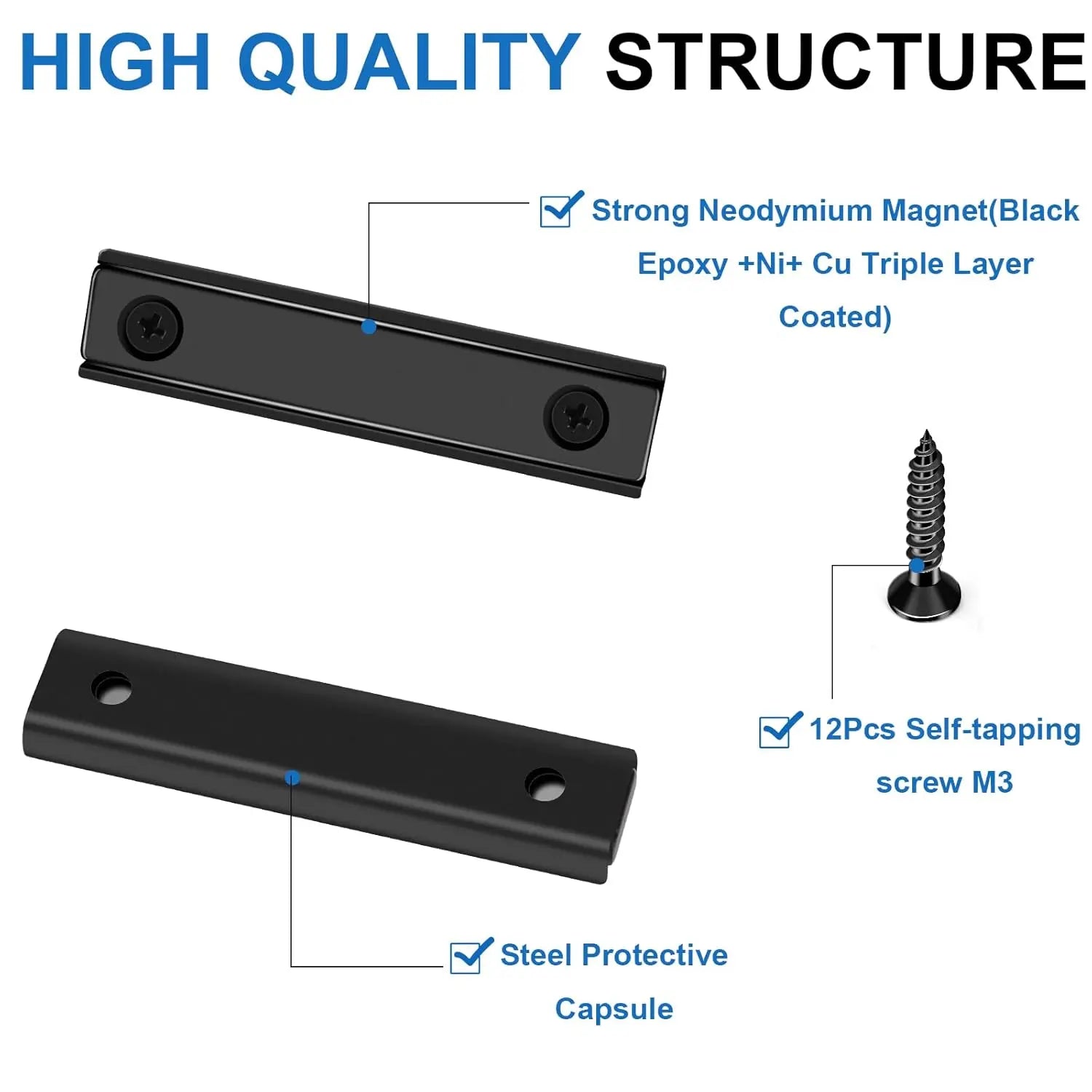 80lbs Neodymium Bar Magnets with Screws Holes, Strong Cabinet for Closure, Rare Earth Magnetic Rectangle Doors, Mounting, Locker Accessories - 60x13.5x5mm Pack of 6 Black 60x13.5x5 mm Wholesale Hub