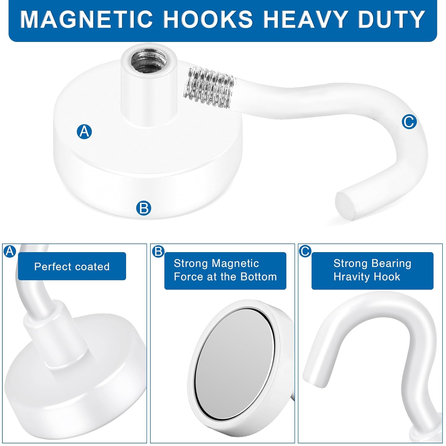 Cruise Essentials: 40Lbs White Magnets, Strong Magnetic Hooks for Hanging, 6 Pack - Wholesale Hub