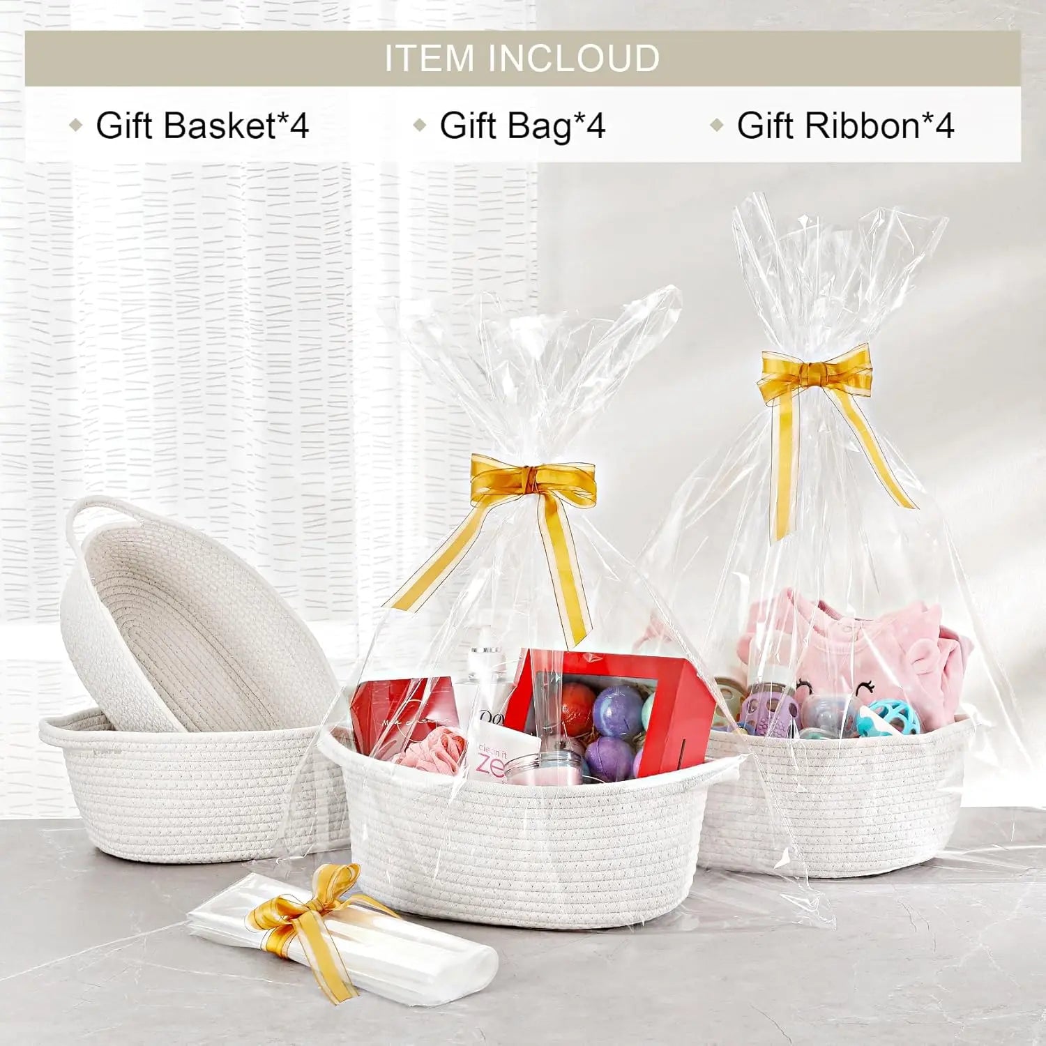 4 Pack Small Woven Basket with Handles, All 12"x 8"x 5", Cotton Rope Room Shelf Storage Basket, Cat Toys, Cute Baby Gift Bags and Ribbons for Nursery, Empty Decorative Chest Box White - Wholesale Hub