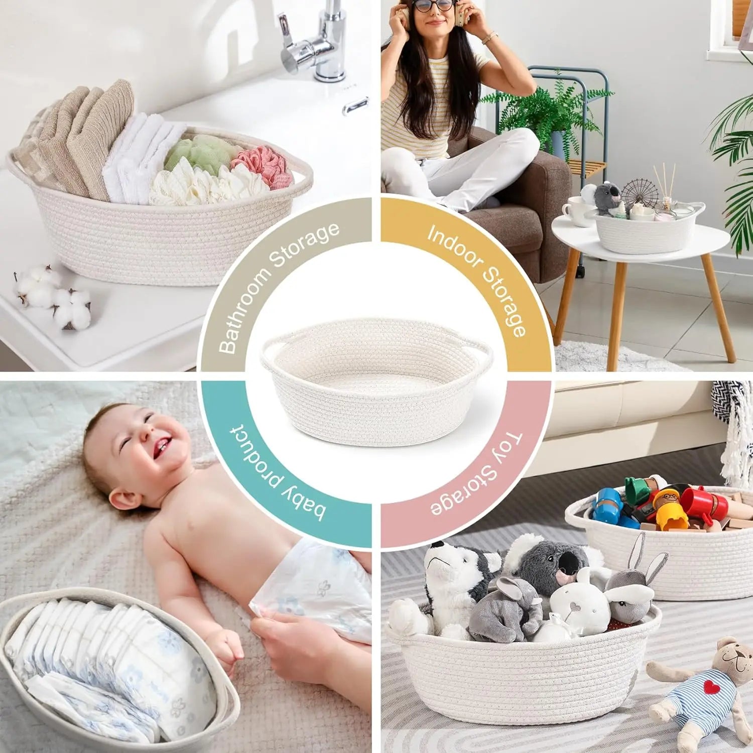 4 Pack Small Woven Basket with Handles, All 12"x 8"x 5", Cotton Rope Room Shelf Storage Basket, Cat Toys, Cute Baby Gift Bags and Ribbons for Nursery, Empty Decorative Chest Box White - Wholesale Hub