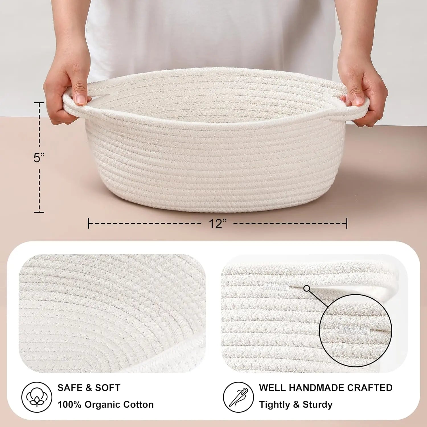 4 Pack Small Woven Basket with Handles, All 12"x 8"x 5", Cotton Rope Room Shelf Storage Basket, Cat Toys, Cute Baby Gift Bags and Ribbons for Nursery, Empty Decorative Chest Box White - Wholesale Hub