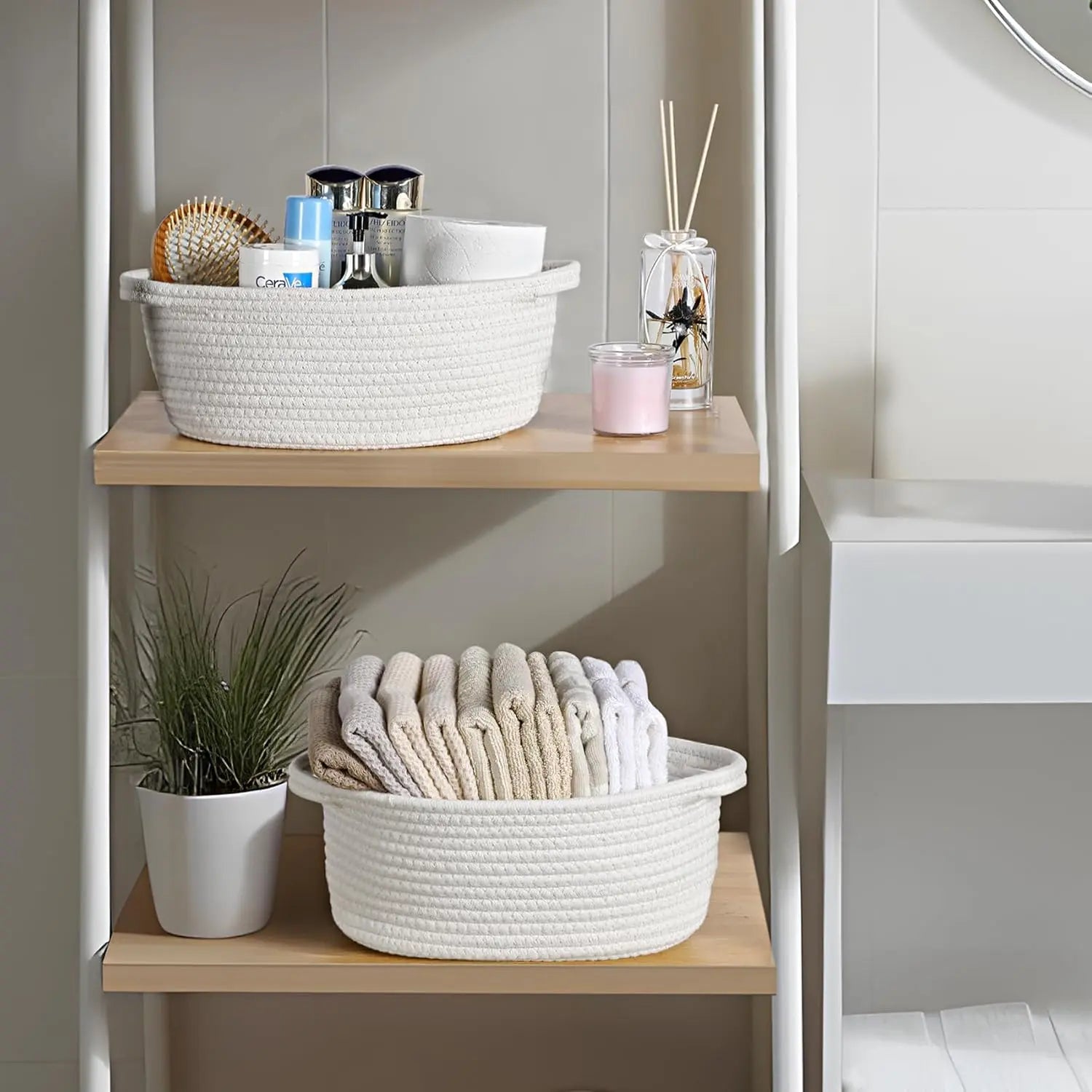 4 Pack Small Woven Basket with Handles, All 12"x 8"x 5", Cotton Rope Room Shelf Storage Basket, Cat Toys, Cute Baby Gift Bags and Ribbons for Nursery, Empty Decorative Chest Box White - Wholesale Hub