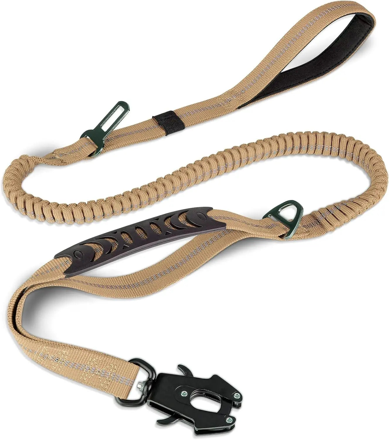 Tactical Dog Leash Heavy Duty, 4-6FT Shock Absorbing Bungee Lead with 2 Padded Handle, Metal Carabiner Clip, Car Seatbelt, Strong No Pull for Medium Large X-Large Dogs, Coyote Brown - Wholesale Hub