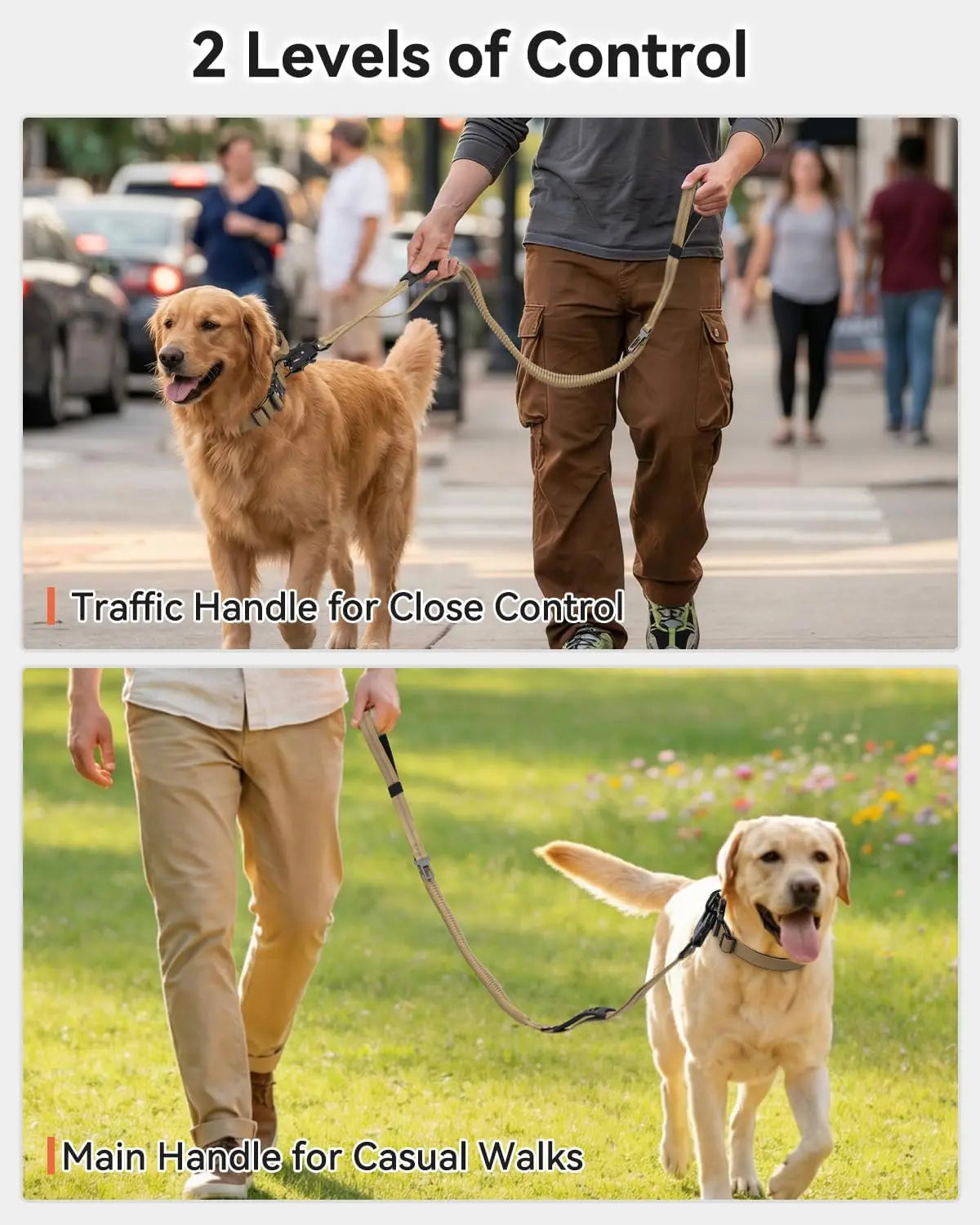 Tactical Dog Leash Heavy Duty, 4-6FT Shock Absorbing Bungee Lead with 2 Padded Handle, Metal Carabiner Clip, Car Seatbelt, Strong No Pull for Medium Large X-Large Dogs, Coyote Brown - Wholesale Hub