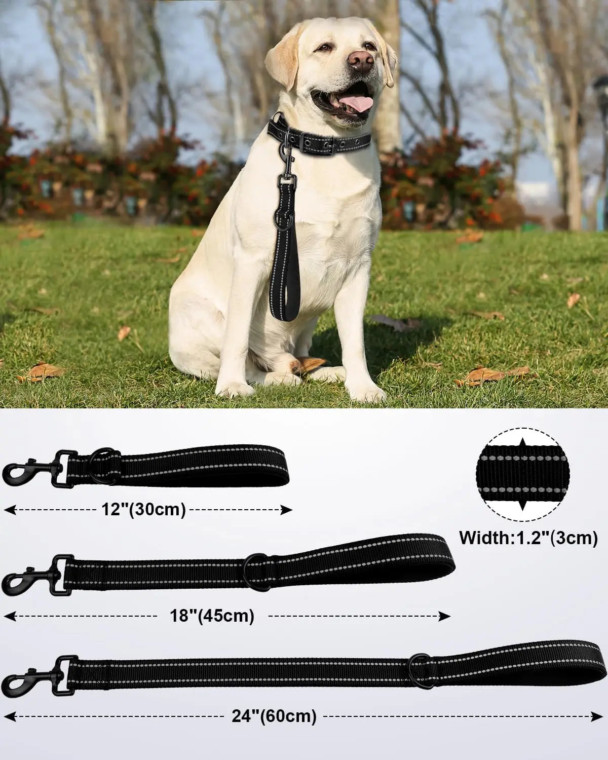 Strong Short Dog Leash 18 Inch, 1.2 Inch Wide, Heavy Duty, Padded Handle for Traffic Control, Reflective Medium and Large Dogs Walking Training, Black 1.5 ft Wholesale Hub
