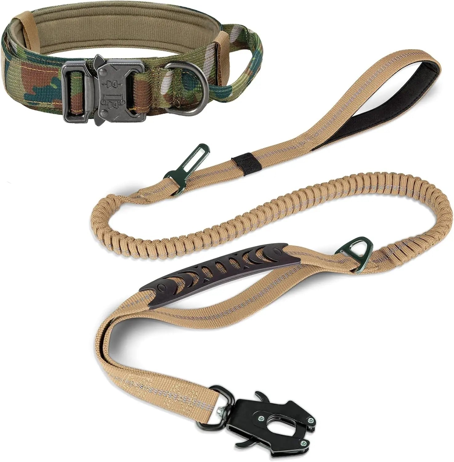 Tactical Dog Collar(17"-21") and Leash Set, Shock Absorbing Bungee Adjustable Strong Collar with Handle for Large Dogs(Camouflage, L) - Wholesale Hub