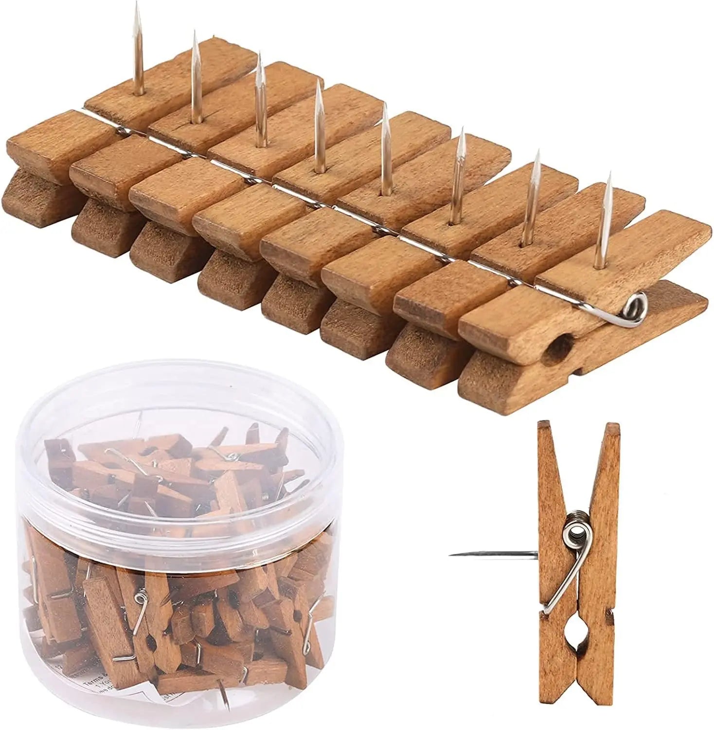 50 PCS Push Pin with Wooden Clips, Durable Pins, Decorative Pushpins Tacks Thumbtacks, for Cork Board Artworks Notes Photos, Craft Projects, Offices and Homes Brown - Wholesale Hub