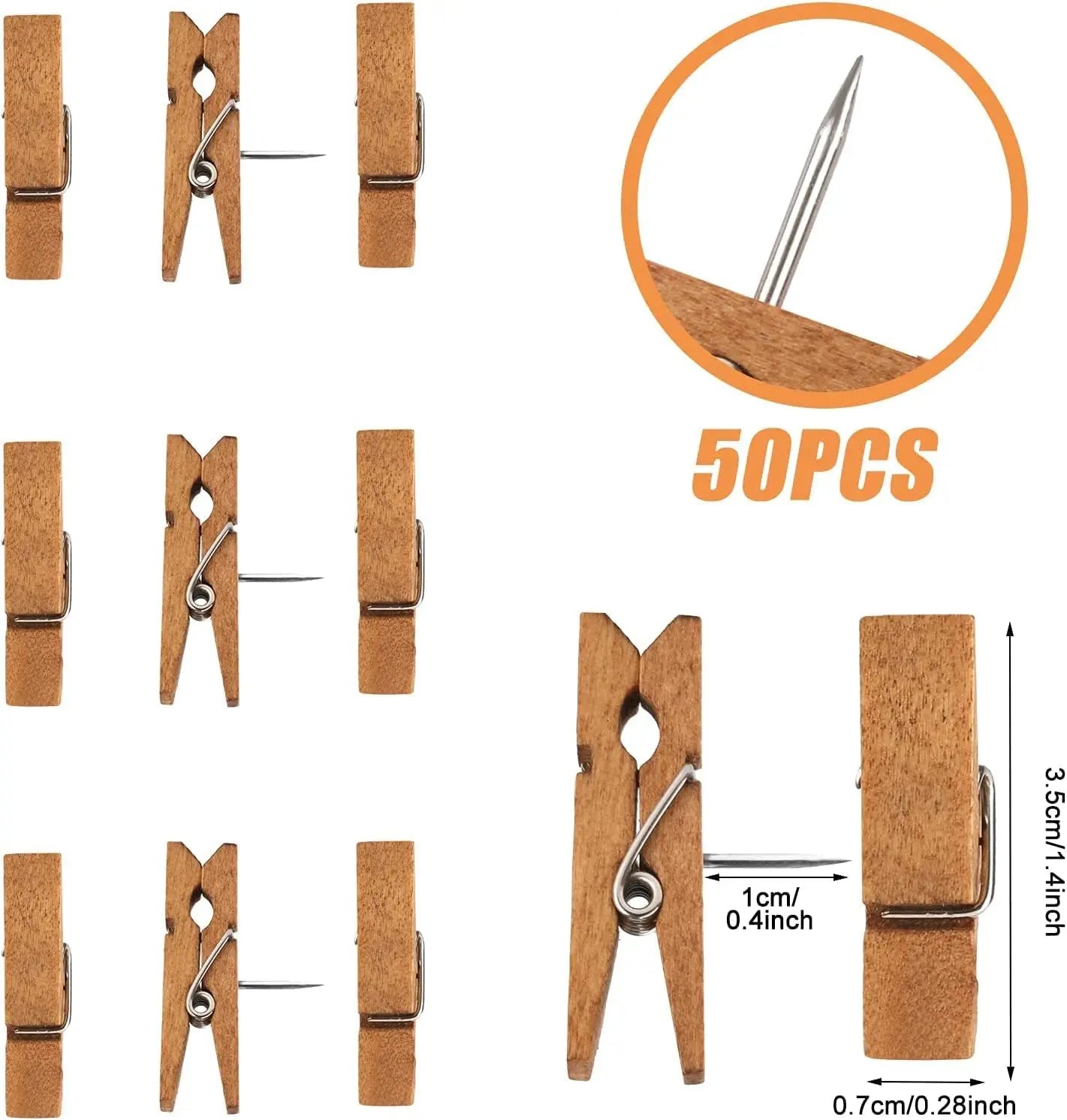 50 PCS Push Pin with Wooden Clips, Durable Pins, Decorative Pushpins Tacks Thumbtacks, for Cork Board Artworks Notes Photos, Craft Projects, Offices and Homes Brown - Wholesale Hub