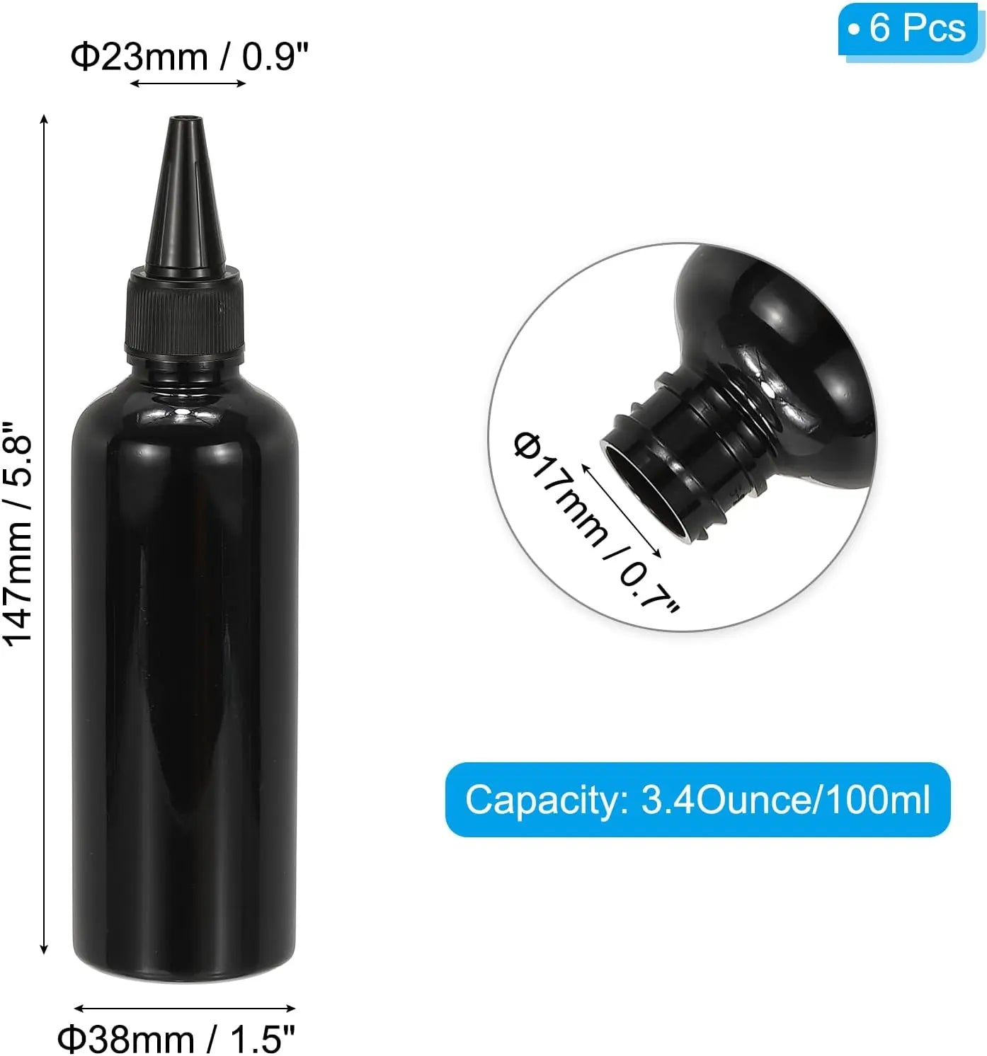 Plastic Applicator Bottle, 6 Pcs 3.4oz(100ml) Leak Proof Refillable Empty Dispenser Container Squeeze Bottle with Twist Top Cap for Hair Ink Liquid Sauces, Black - Wholesale Hub