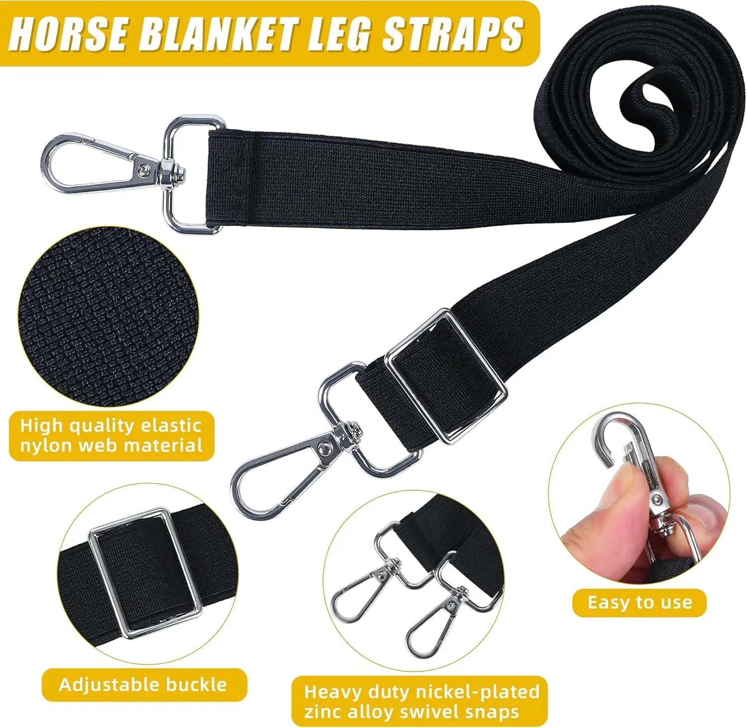 Horse Blanket Leg Straps, Elastic Belly Replacement Straps with Metal Double Swivel Snaps, 4 Pieces, Adjustable Length from 25.5" to 51" Wholesale Hub