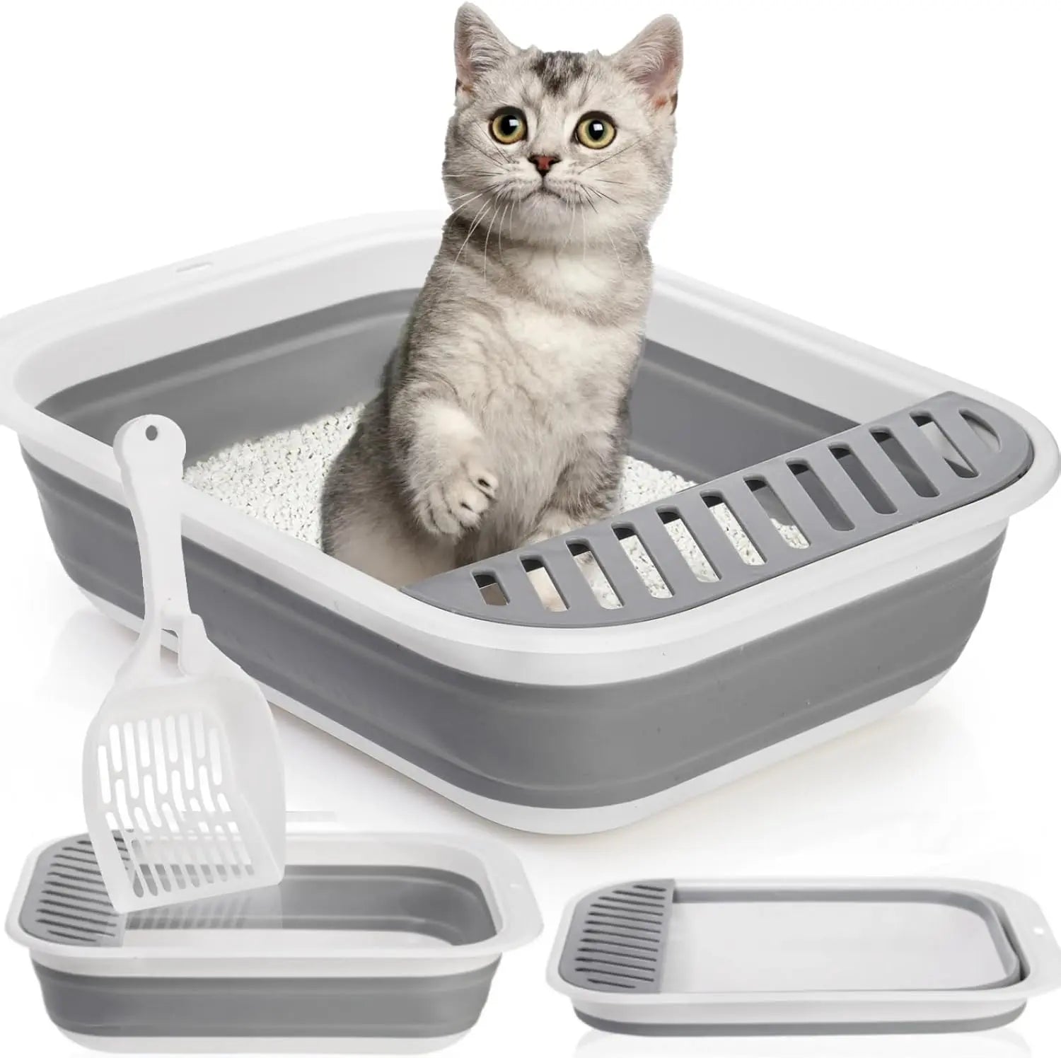 Collapsible Small Cat Litter Box, 17.7'' Open Foldable Kittens Potty with Scoop, Shallow Anti Splash Travel Toilet, Semi Enclosed Height Adjustable Sides Pan for Sick Frail Grey Wholesale Hub