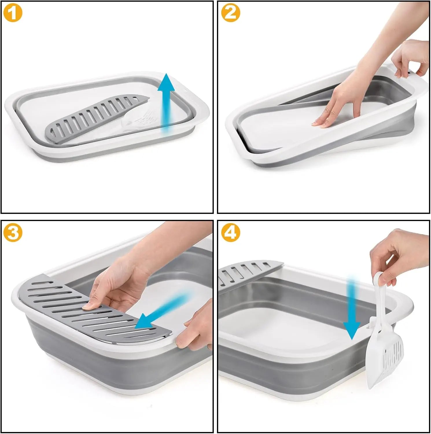 Collapsible Small Cat Litter Box, 17.7'' Open Foldable Kittens Potty with Scoop, Shallow Anti Splash Travel Toilet, Semi Enclosed Height Adjustable Sides Pan for Sick Frail Grey Wholesale Hub
