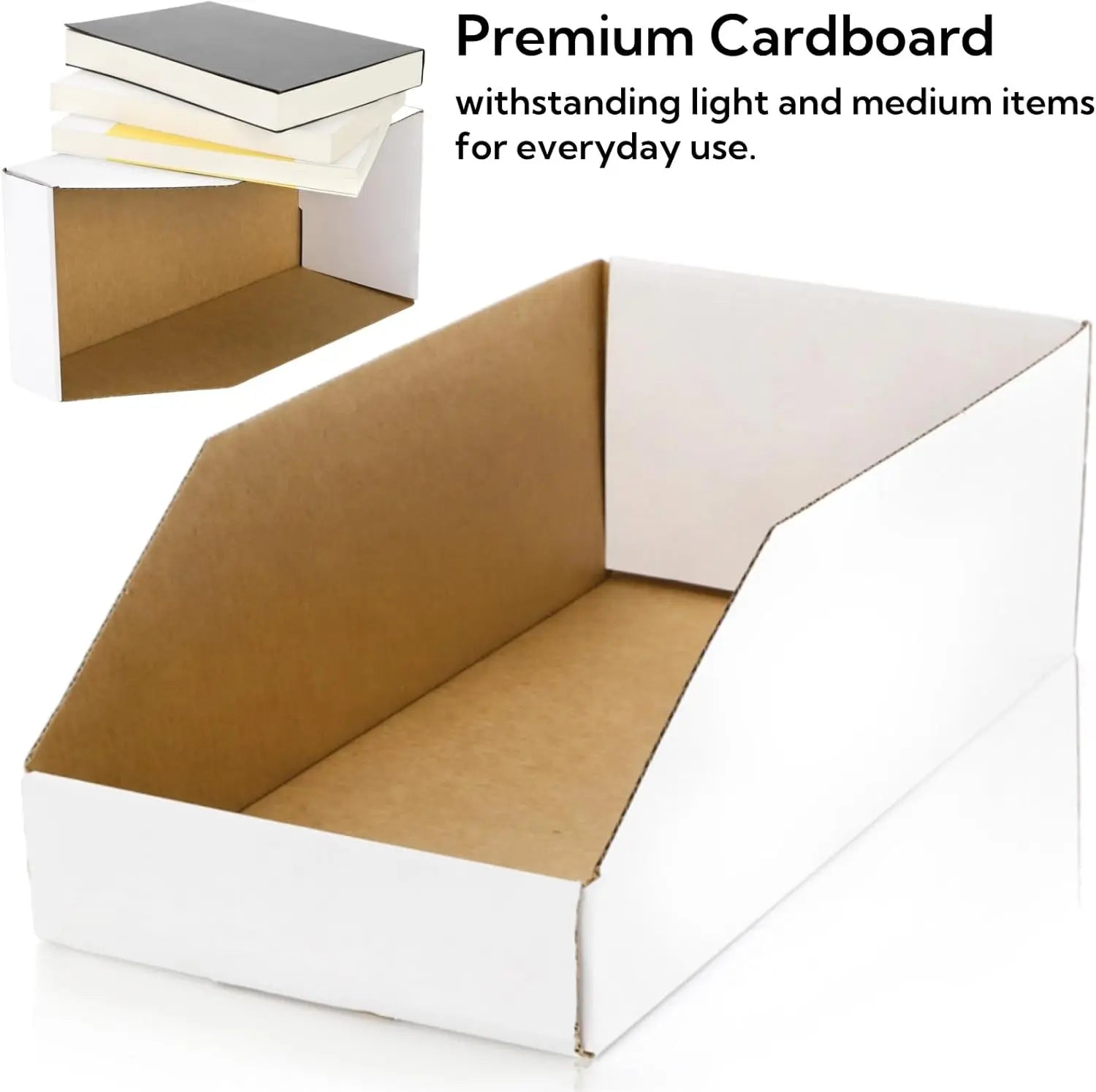35 Pack Cardboard Storage Bins, 12" x 6" 4.5" Corrugated Open Top Box, White Pantry Shelf Organizer Bins for Parts Snacks, Ideal Garage Warehouse Home Packing Moving, Easy Assembly Wholesale Hub