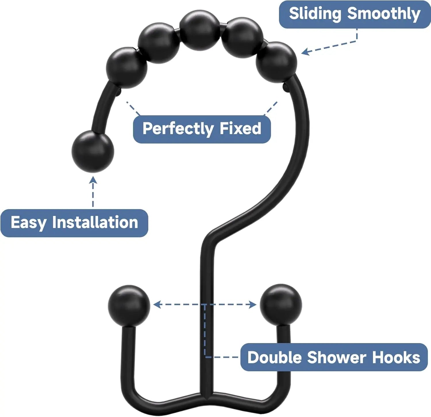 Matzwarte shower curtain hooks (12-pack) - Double hooks made of stainless steel - Hooks with smooth rolling action - Suitable for shower curtains up to 3.3 cm thick - Suitable for shower curtains and waterproof liners. (black) Wholesale Hub