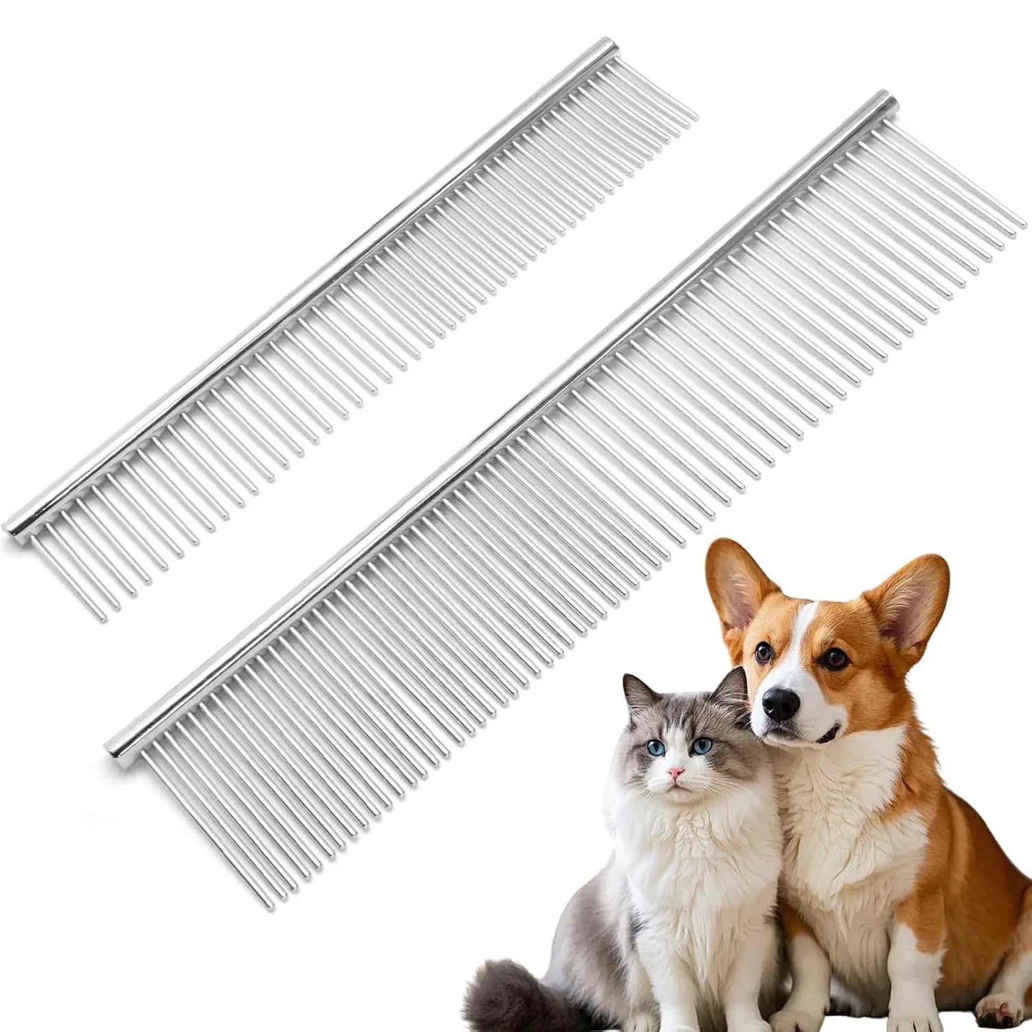 Biaungdo 2 Pcs Dog Grooming Combs Set, Metal Dog Comb for Removing Tangles and Knot, Cat Brush Grooming Tool for Long Haired Pets Wholesale Hub