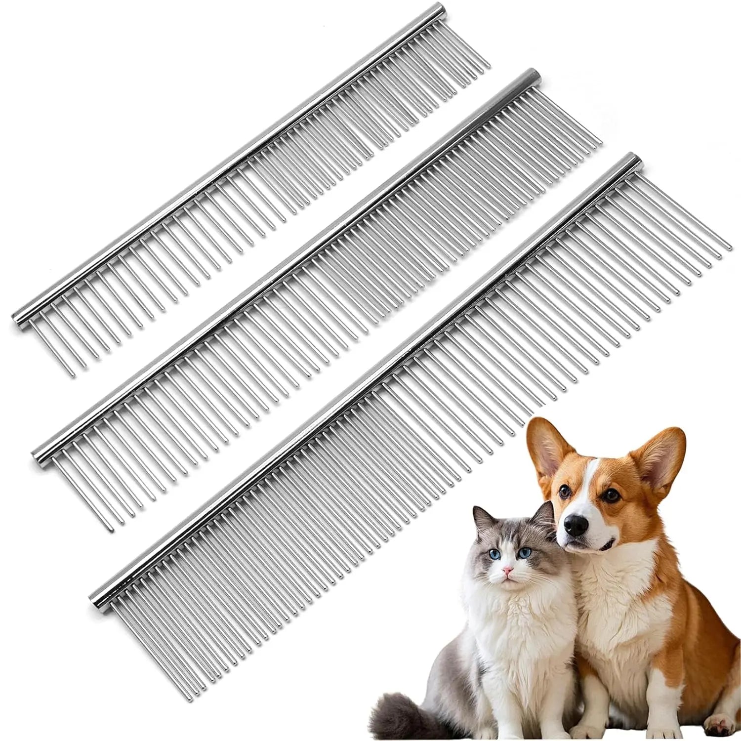 Biaungdo 3 Pcs Dog Grooming Combs Set, Metal Dog Comb for Removing Tangles and Knot, Cat Brush Grooming Tool for Long Haired Pets(7.48 x 1.65 inch & 7.4 x 1.3 inch & 6.5 x 1.14 inch) Wholesale Hub