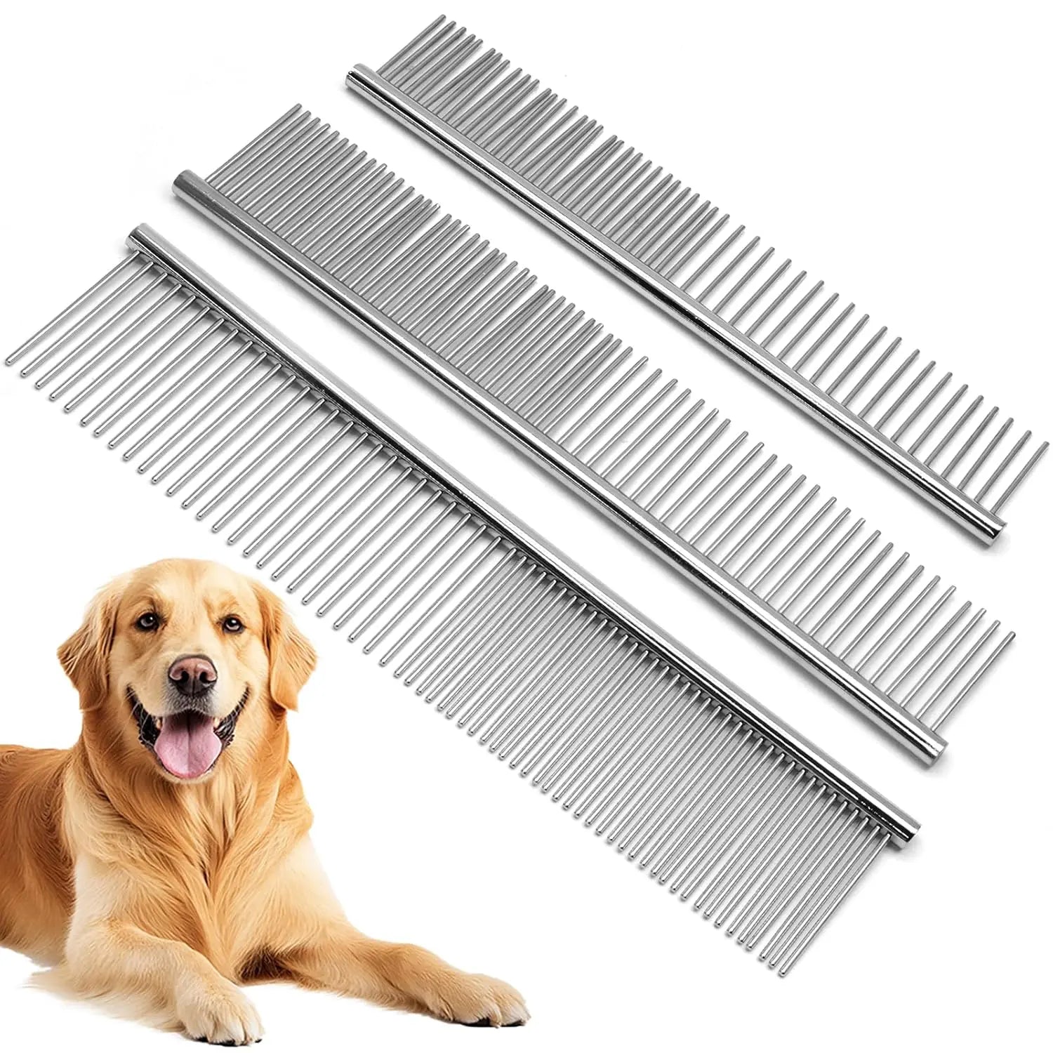 Biaungdo 3 Pcs Dog Grooming Combs Set, Metal Dog Comb for Removing Tangles and Knot, Cat Brush Grooming Tool for Long Haired Pets(7.48 x 1.65 inch & 7.4 x 1.3 inch & 6.5 x 1.14 inch) Wholesale Hub