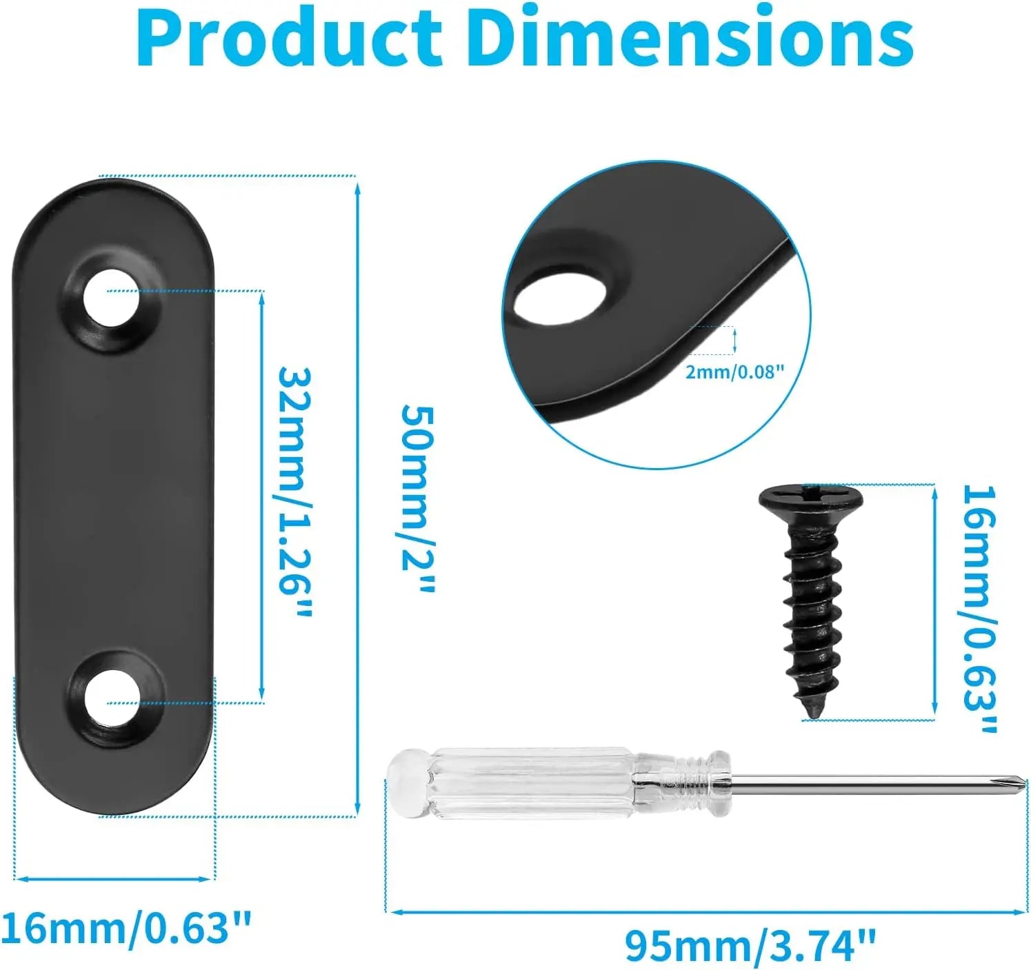 Biaungdo 20 Sets 2" Stainless Steel Flat Plate Straight Bracket, Black Metal Corner Brace Brackets Mending Repair Plate Brace with Screws & Screwdriver for Wood(50mm x 16mm x 2mm) Wholesale Hub