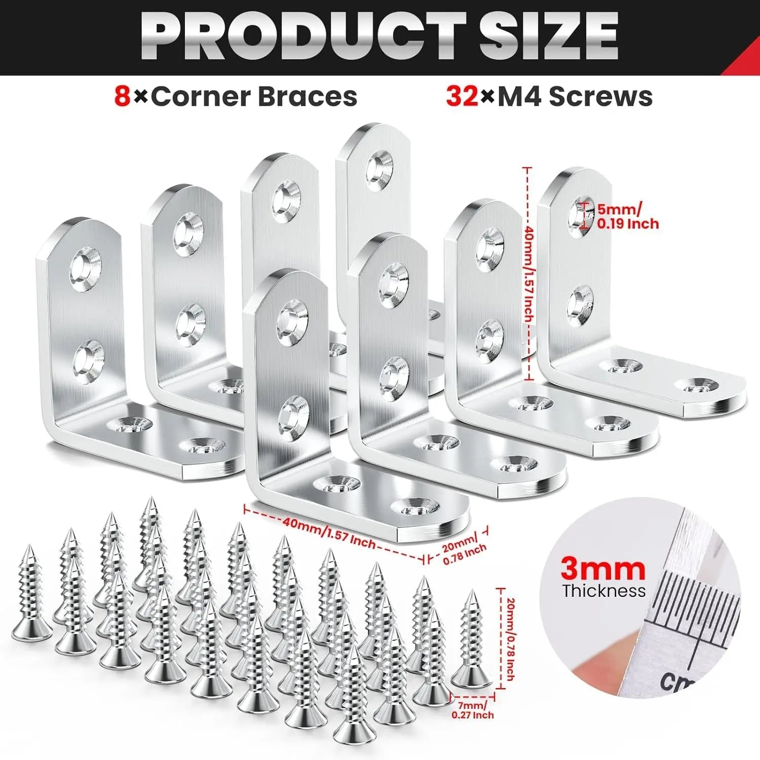 8 PCS Heavy Duty Corner Brace, 40x40mm Stainless Steel Joint Right Angle Brackets with Screws, 90 Degree Wall Brackets Hanger or Shelves, Tables, Dressers, Chairs, Silver Wholesale Hub