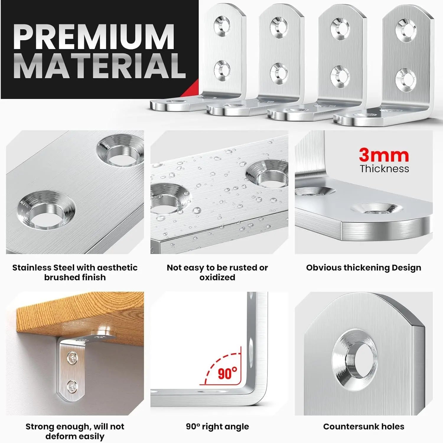 8 PCS Heavy Duty Corner Brace, 40x40mm Stainless Steel Joint Right Angle Brackets with Screws, 90 Degree Wall Brackets Hanger or Shelves, Tables, Dressers, Chairs, Silver Wholesale Hub