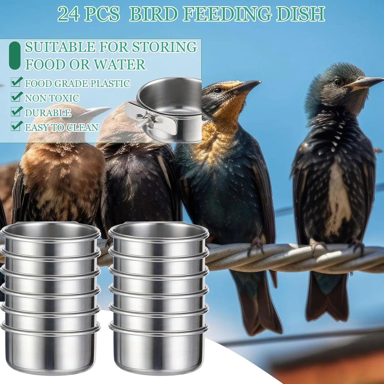 24 Pcs Stainless Steel Parrot Food Bowls Bulk 10 oz Bird Feeding Dish Cups for Cages Bird Bowls with Clamp Pet Water Feeders Cage Accessories for Parakeet Parrot Budgie Rabbit Chicken Wholesale Hub