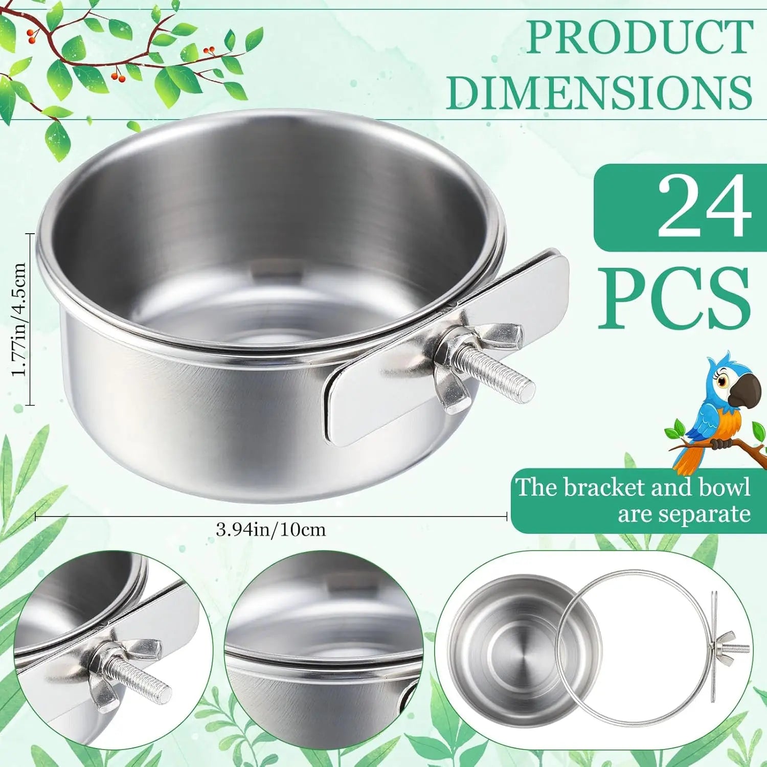 24 Pcs Stainless Steel Parrot Food Bowls Bulk 10 oz Bird Feeding Dish Cups for Cages Bird Bowls with Clamp Pet Water Feeders Cage Accessories for Parakeet Parrot Budgie Rabbit Chicken Wholesale Hub