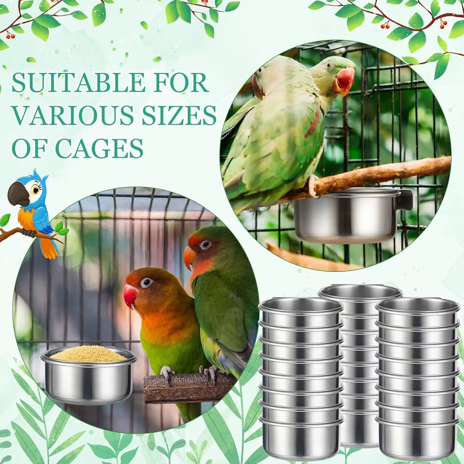 24 Pcs Stainless Steel Parrot Food Bowls Bulk 10 oz Bird Feeding Dish Cups for Cages Bird Bowls with Clamp Pet Water Feeders Cage Accessories for Parakeet Parrot Budgie Rabbit Chicken Wholesale Hub