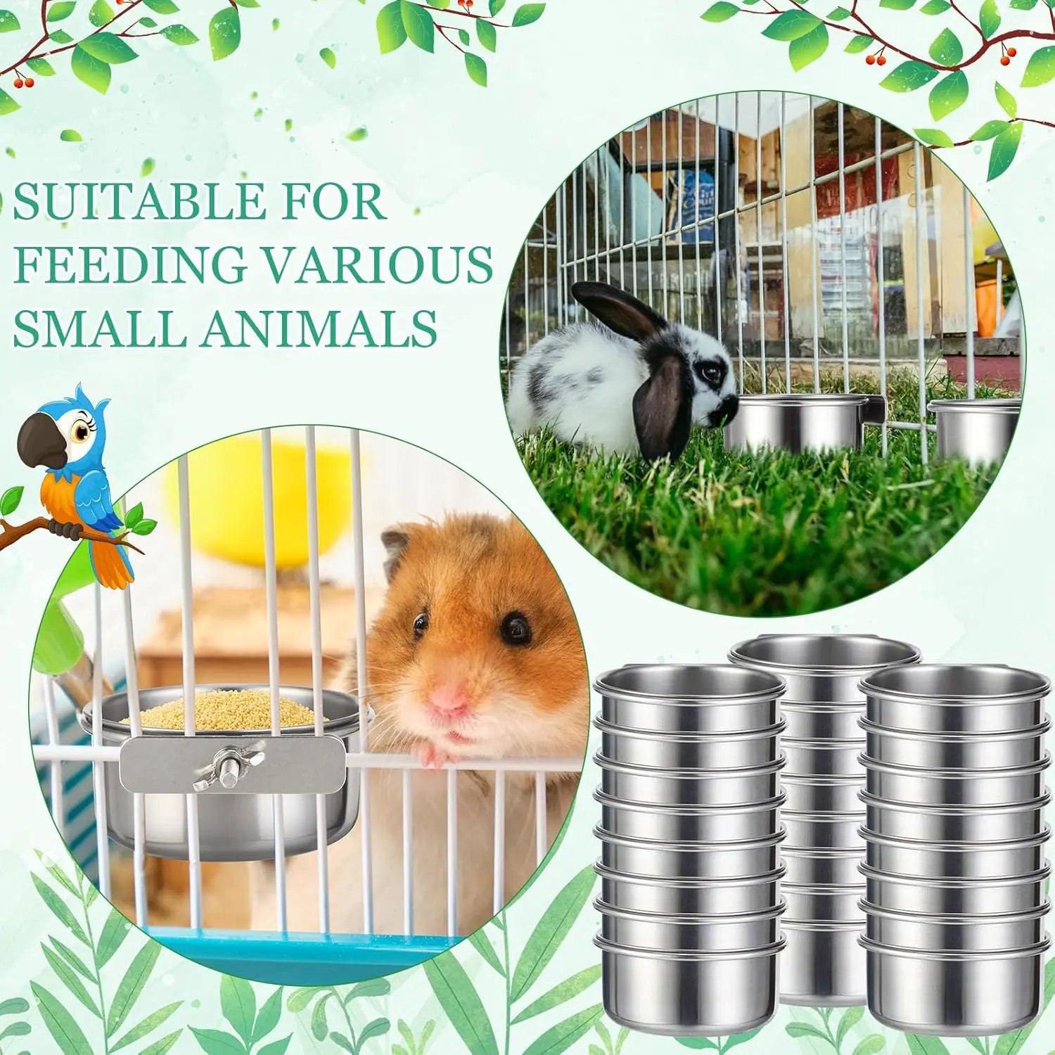 24 Pcs Stainless Steel Parrot Food Bowls Bulk 10 oz Bird Feeding Dish Cups for Cages Bird Bowls with Clamp Pet Water Feeders Cage Accessories for Parakeet Parrot Budgie Rabbit Chicken Wholesale Hub