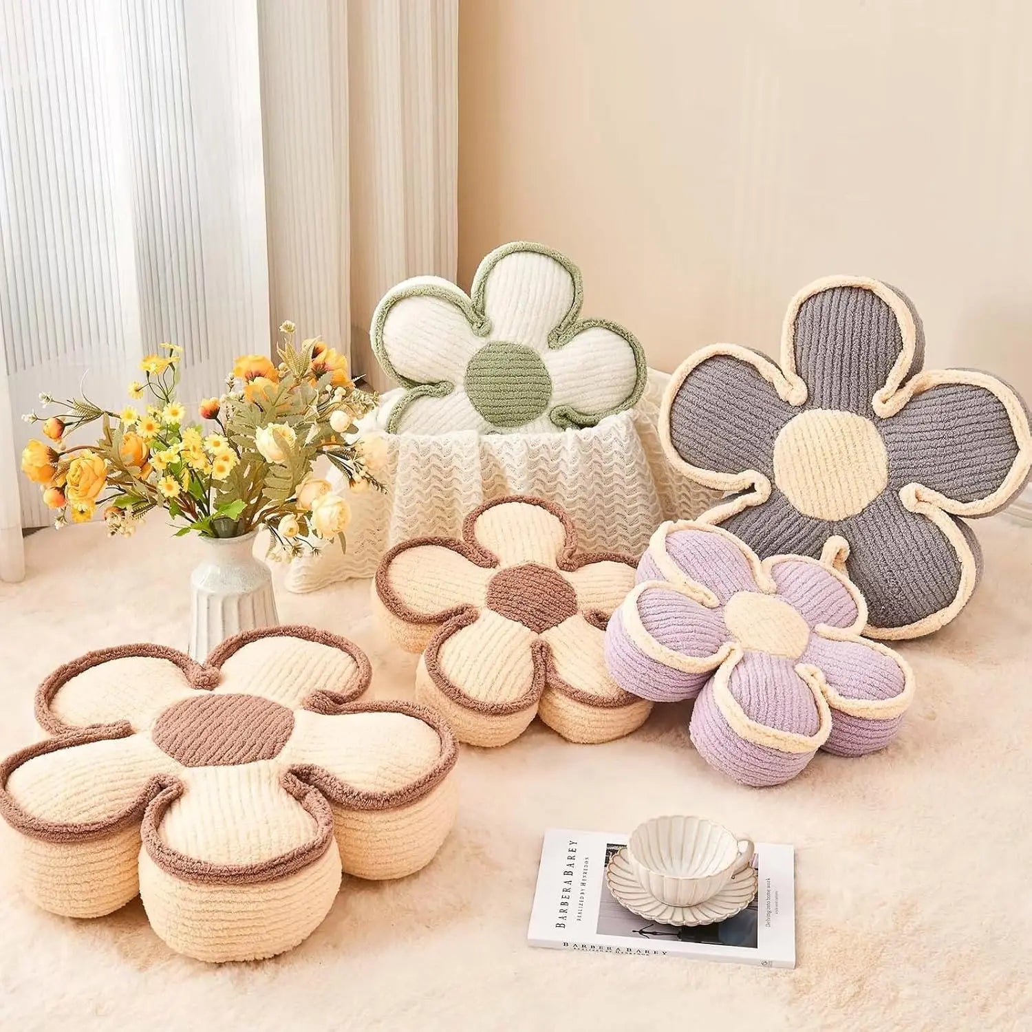 Soft Flower Shaped Floor Cushion, Plush Decorative Throw Pillow, Cute Seating Cushion, Room Decor Plush Pillows for Sofa Couch Bed (13.7 Inch, White) Wholesale Hub