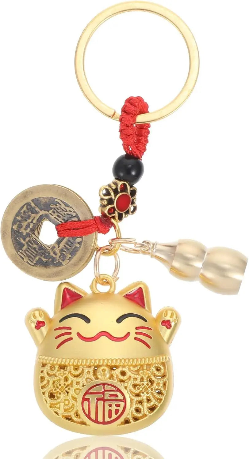 Lucky Cat Keychain, Good Luck Keychain with Feng Shui Coins, Tassel & Gourd, Maneki Statue Charm for Good Luck, Gift for Cat Lovers Wholesale Hub