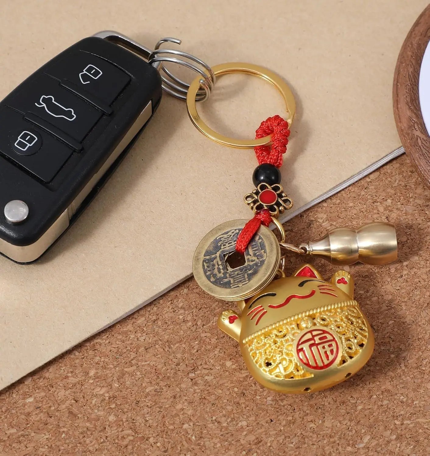 Lucky Cat Keychain, Good Luck Keychain with Feng Shui Coins, Tassel & Gourd, Maneki Statue Charm for Good Luck, Gift for Cat Lovers Wholesale Hub