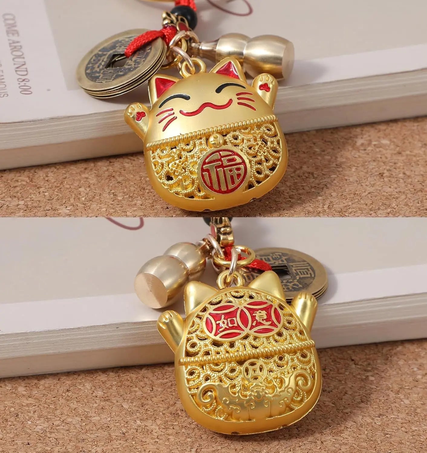 Lucky Cat Keychain, Good Luck Keychain with Feng Shui Coins, Tassel & Gourd, Maneki Statue Charm for Good Luck, Gift for Cat Lovers Wholesale Hub