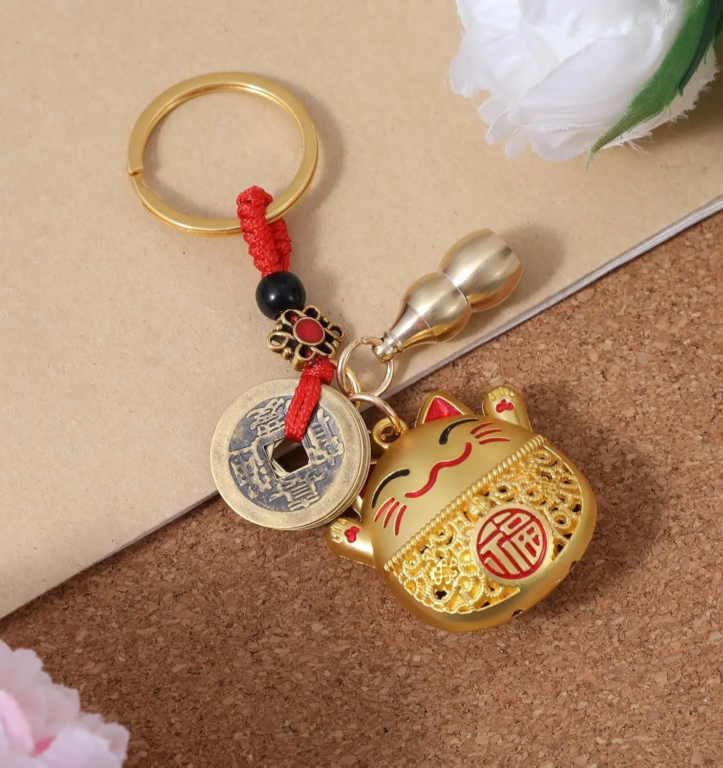Lucky Cat Keychain, Good Luck Keychain with Feng Shui Coins, Tassel & Gourd, Maneki Statue Charm for Good Luck, Gift for Cat Lovers Wholesale Hub