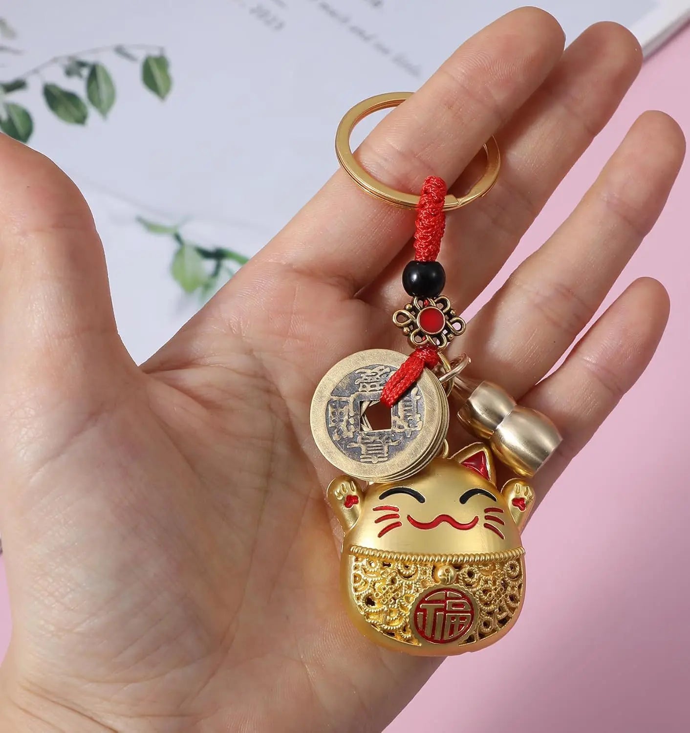 Lucky Cat Keychain, Good Luck Keychain with Feng Shui Coins, Tassel & Gourd, Maneki Statue Charm for Good Luck, Gift for Cat Lovers Wholesale Hub