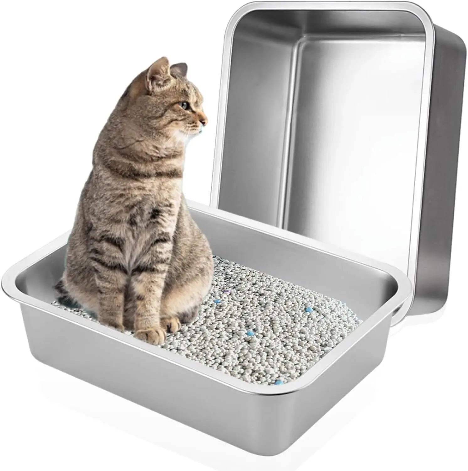 2 Pack Stainless Steel Cat Litter Box - High Side Metal Cats Toilet Large Rust Proof Litter Pan with Non Stick Smooth Surface for Cats, Kitten, Rabbits, 17.5 X 13.5 X 6 Inches Wholesale Hub